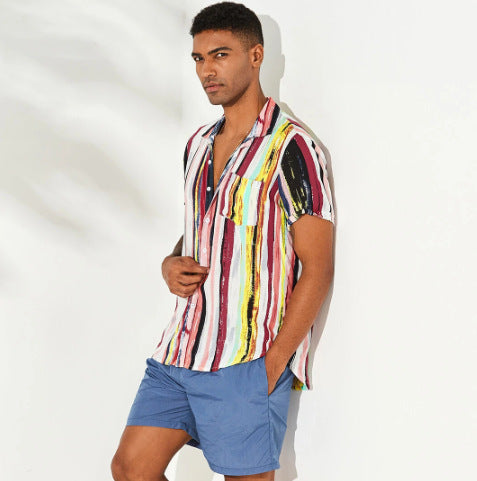 2021 new men's colorful striped lapel pocket decoration short-sleeved buttoned shirt