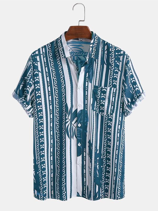 Mens Stripe Print Pocket Short Sleeve Shirts