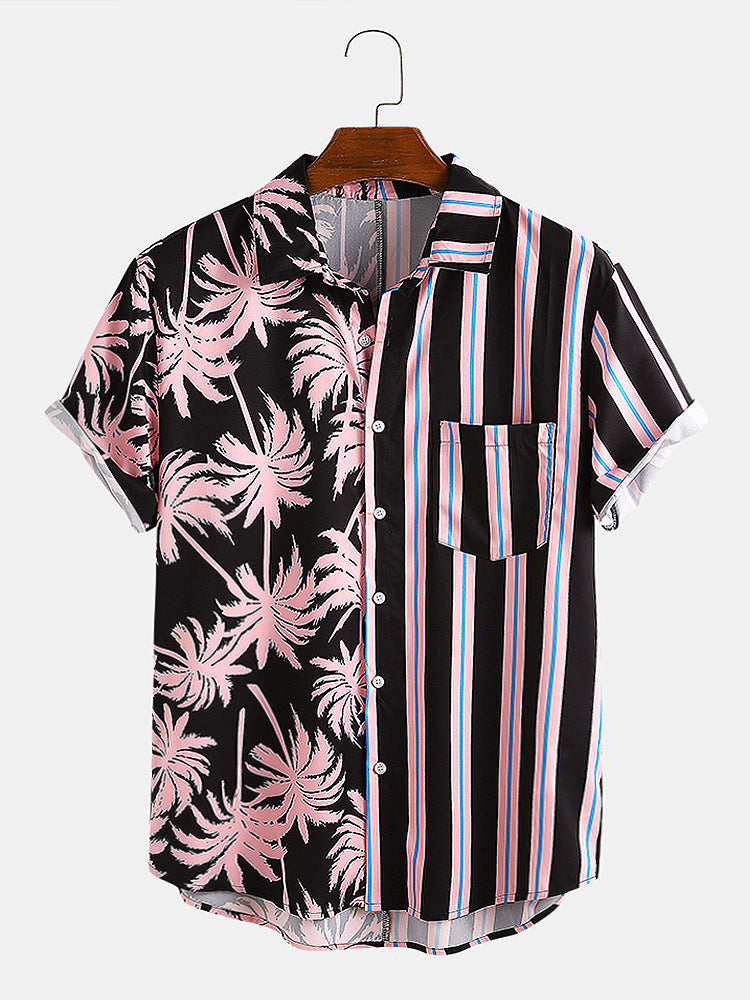 Men's coconut print stripe stitching casual holiday zigzag hem shirt