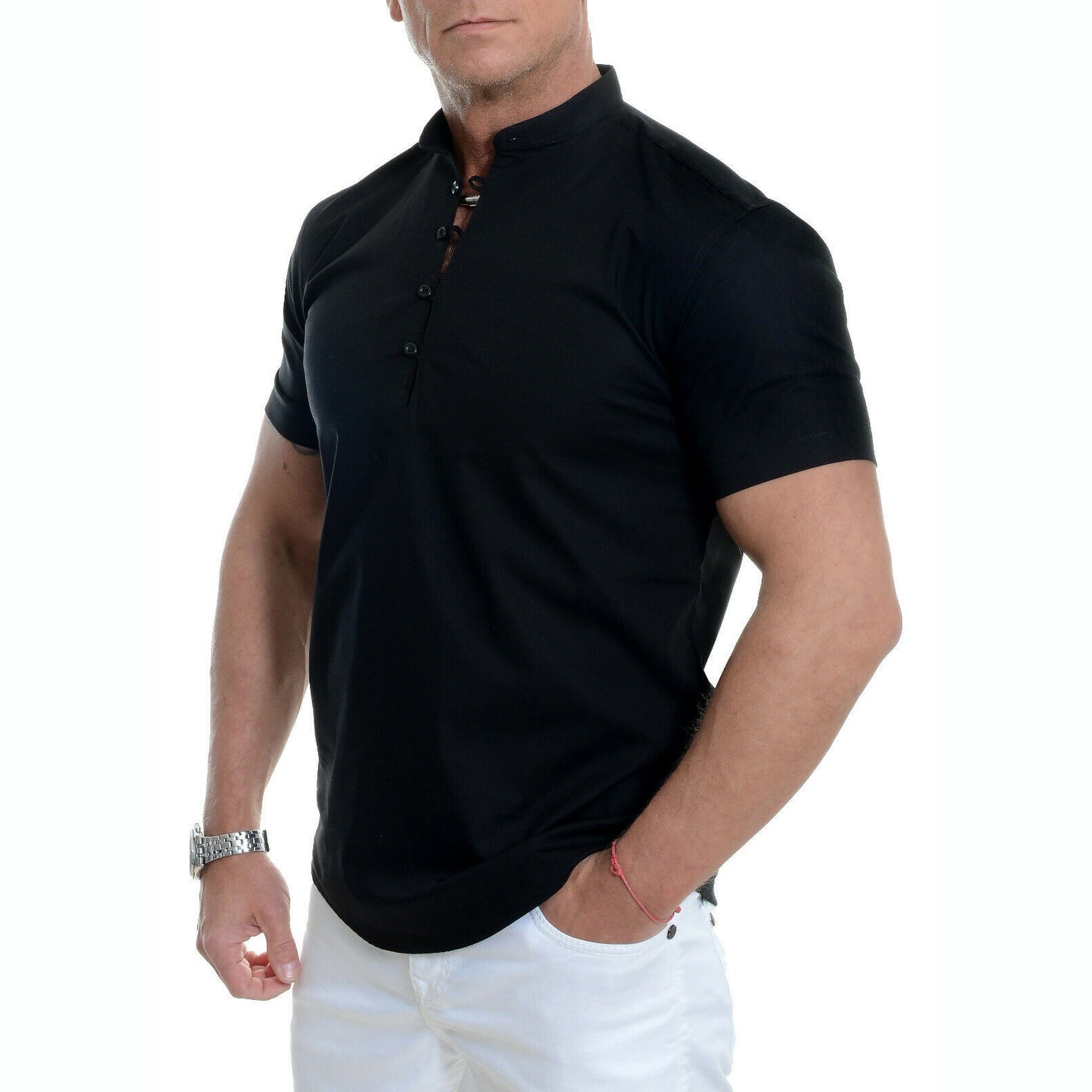 Men's Stand Collar Plain Button Summer Loose Shirt
