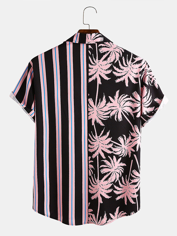 Men's coconut print stripe stitching casual holiday zigzag hem shirt
