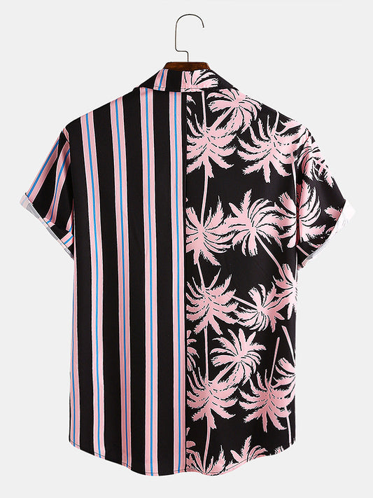 Men's coconut print stripe stitching casual holiday zigzag hem shirt