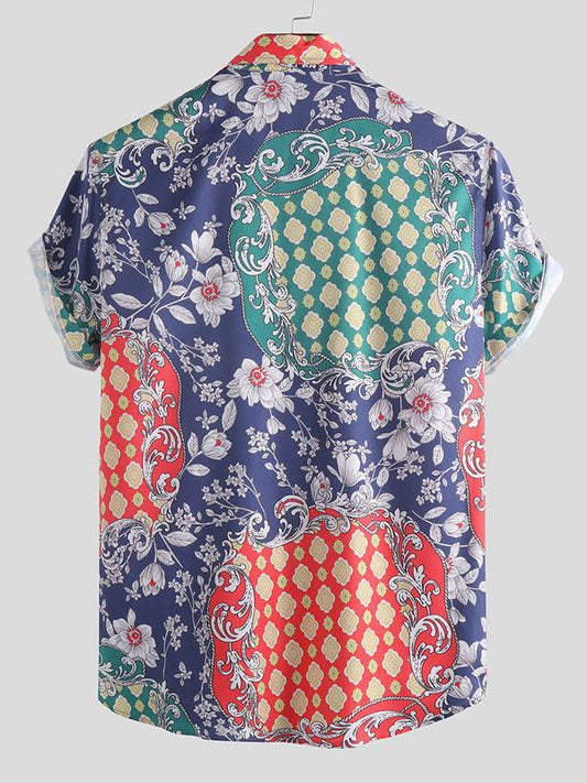 Men Ethnic Printed Short Sleeves Lapel Shirt