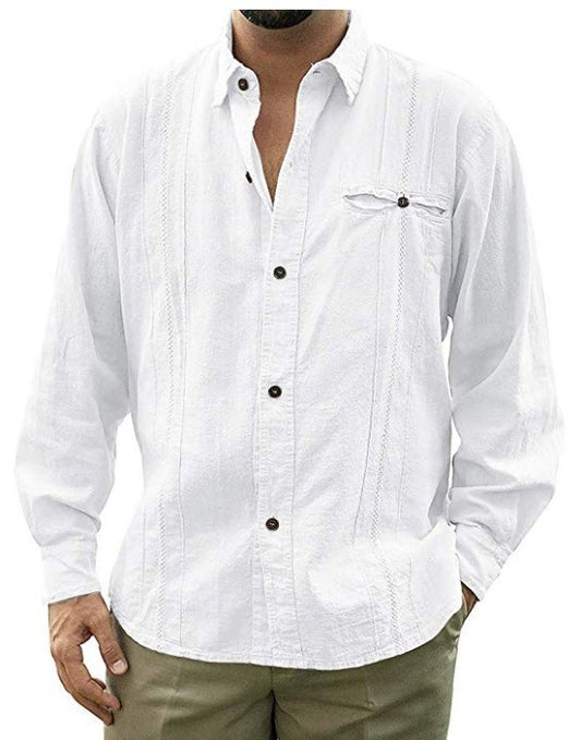 Men's solid color long-sleeved linen shirt lapel button cardigan shirt