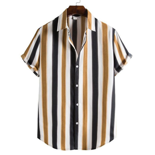 New contrast color striped shirt casual fashion retro short-sleeved shirt for men