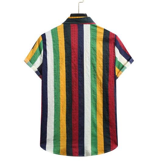 Solid color striped men's casual loose short-sleeved men's shirt