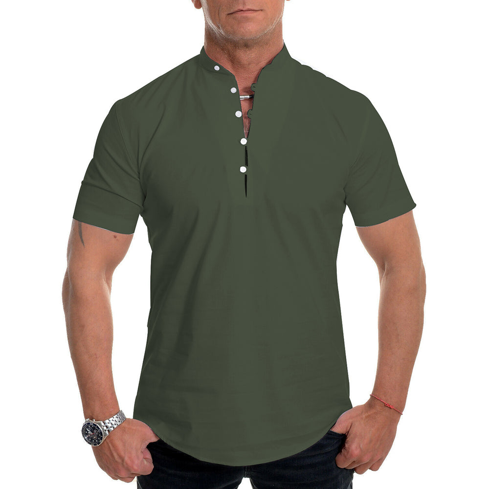 Men's Stand Collar Plain Button Summer Loose Shirt