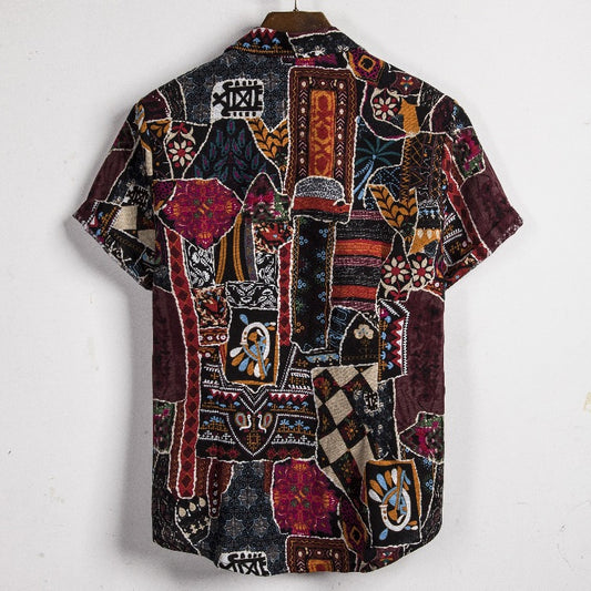 Men's short-sleeved linen floral ethnic floral shirt