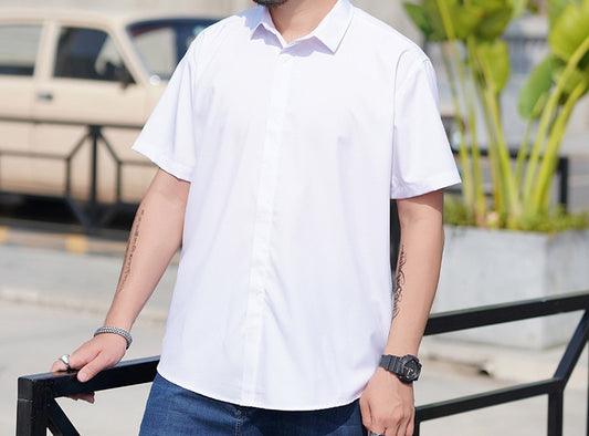Men'sLoose Large  Short Sleeve Shirt Fat Guy Summer Business Casual Thin Solid Color Shirt Fat Brother Plus Fat Inch Shirt