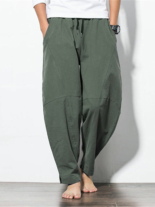 Men's Casual Baggy 100% Cotton Harem Pants Solid Color Loose Wide Leg Pants
