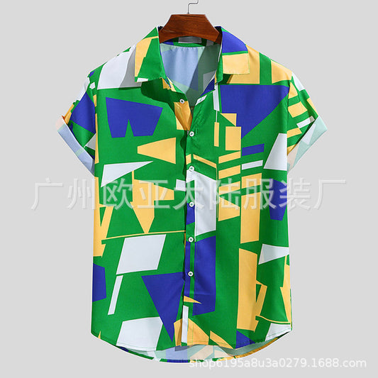 2021 men's printed short-sleeved holiday style seaside shirt men's plus size loose beach shirt