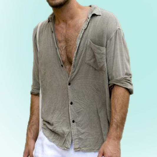 Men's new solid color cotton and linen shirts Casual fashion loose retro long-sleeved shirts Home casual style Casual vacation style