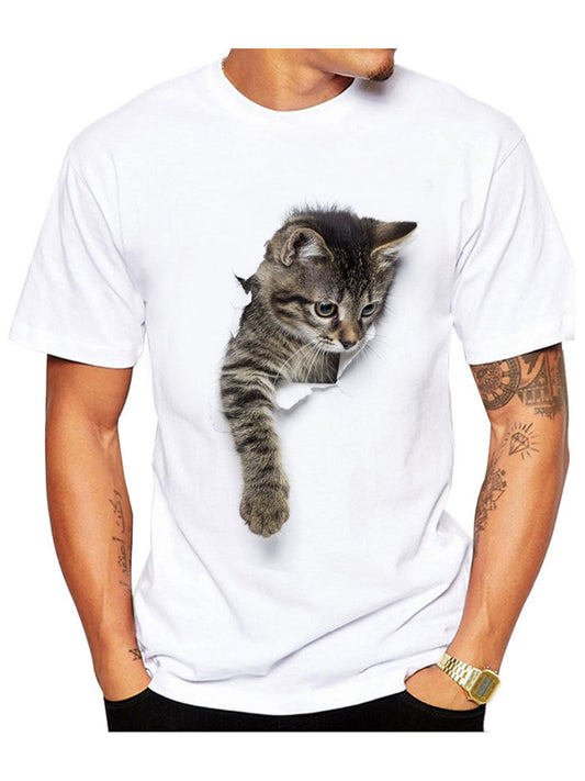 Men's Torn Paper Cat Print Short Sleeves Casual Tees