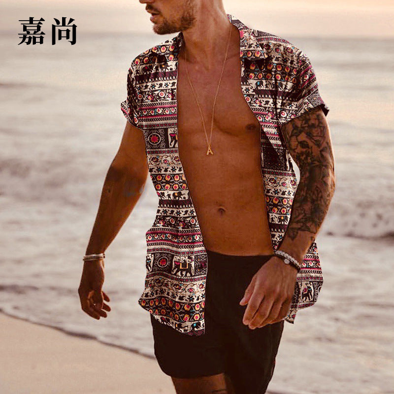 2021 summer new men's casual slim printed linen short-sleeved shirt men