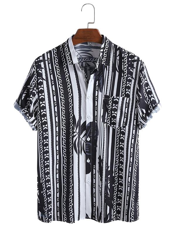 Mens Stripe Print Pocket Short Sleeve Shirts