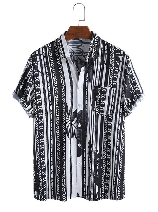 Mens Stripe Print Pocket Short Sleeve Shirts