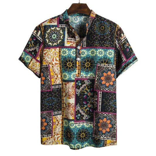 Men's ethnic style linen stand collar printed short-sleeved shirt