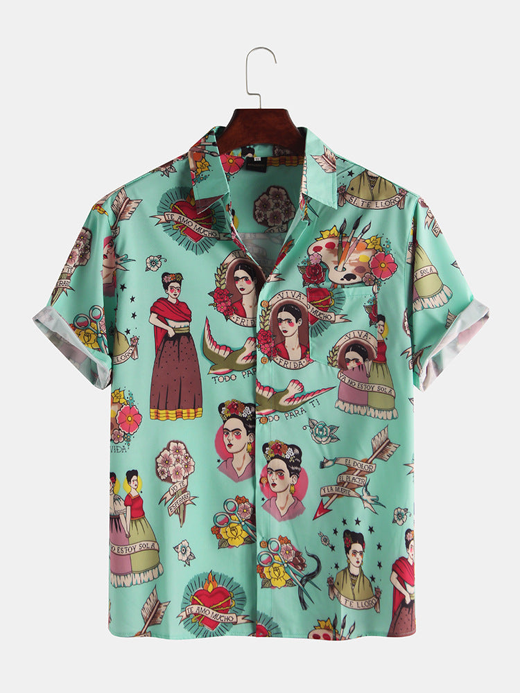 2021 spring and summer new character print lapel button plus pocket short-sleeved men's shirt