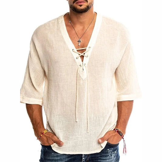 Men's Plain V-Neck Casual Loose Spring Shirt
