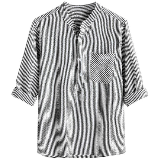 2021 new men's long-sleeved shirt striped long-sleeved shirt linen shirt
