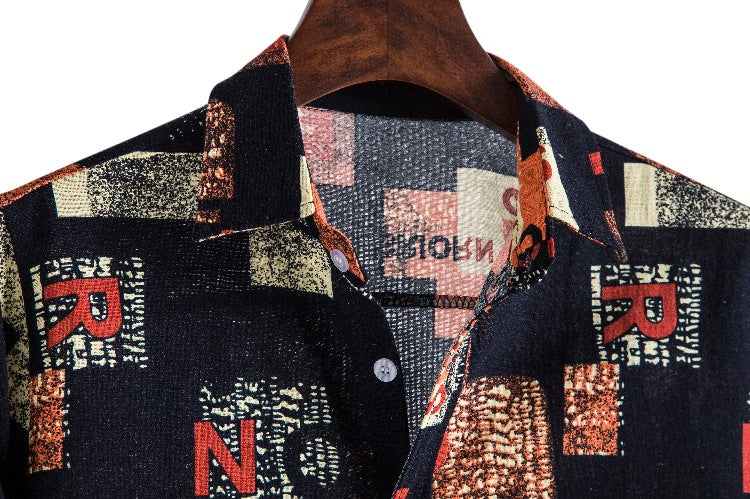 Men's cotton and linen printed shirt
