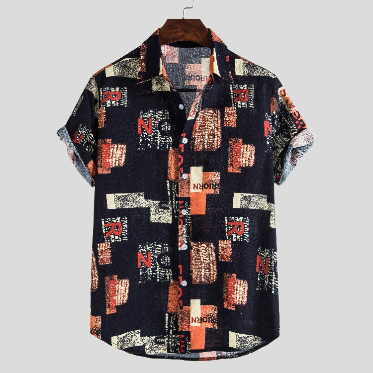 Men's cotton and linen printed shirt