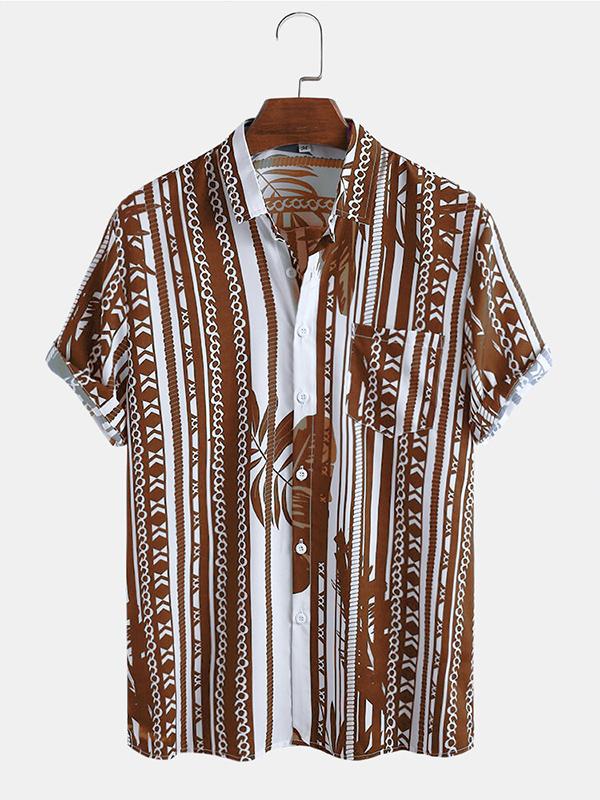 Mens Stripe Print Pocket Short Sleeve Shirts