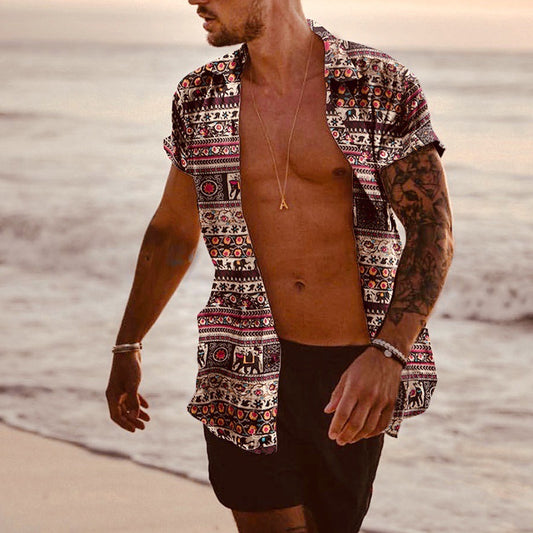 2021 summer new men's casual slim printed linen short-sleeved shirt men