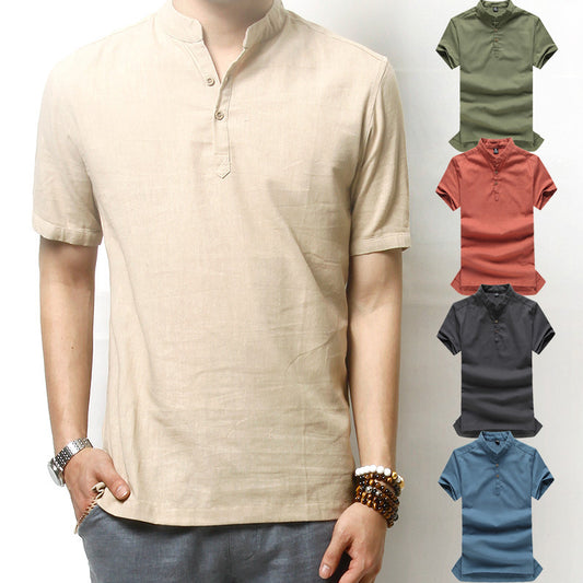 Men's short-sleeved casual stand-collar linen shirt