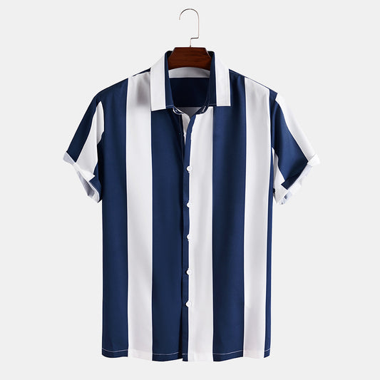 2021 new casual men's short-sleeved casual striped printed men's shirt