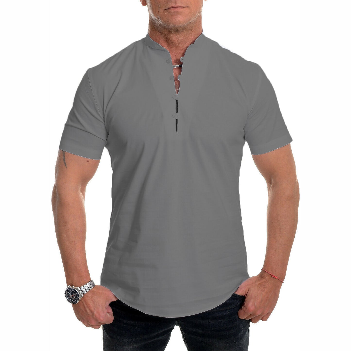 Men's Stand Collar Plain Button Summer Loose Shirt