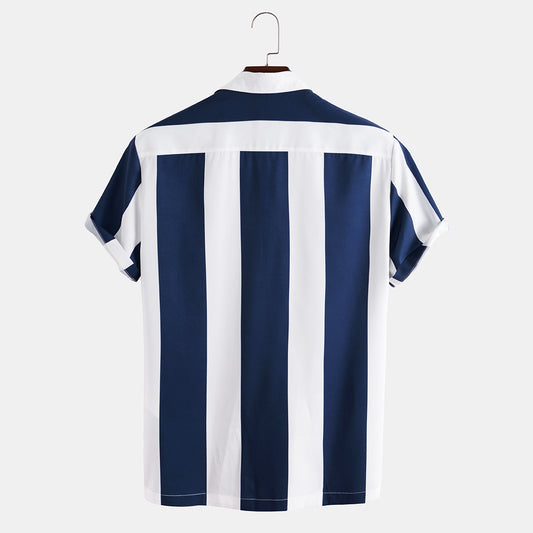 2021 new casual men's short-sleeved casual striped printed men's shirt