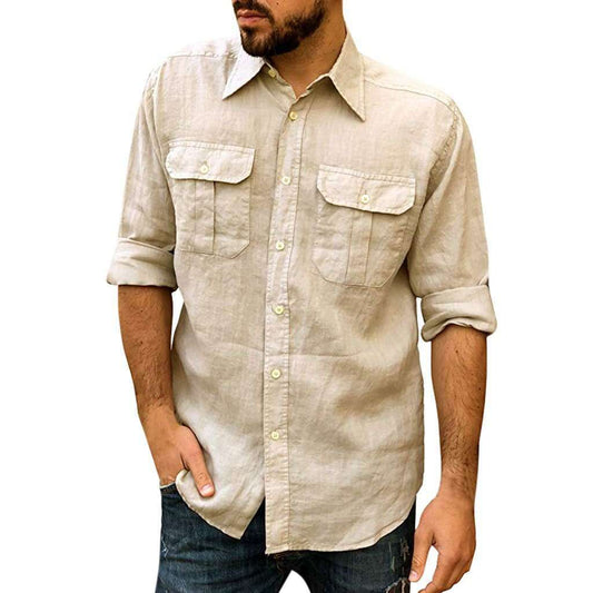 2021 Men's Linen Long Sleeve Shirt Double Pocket Tooling Lapel Men's Shirt