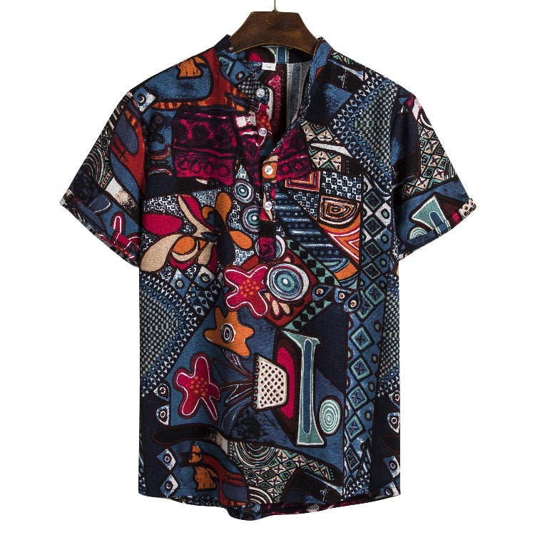 Men's ethnic style linen stand collar printed short-sleeved shirt