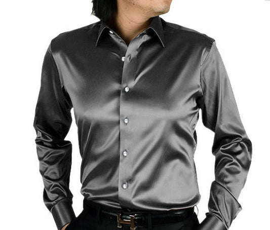 Men's Long Sleeve Shiny Silk Like Satin Dance Prom Dress Shirt Party Button Down Tuxedo Shirts