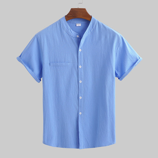 Men's cotton and linen stand-collar short-sleeved shirt