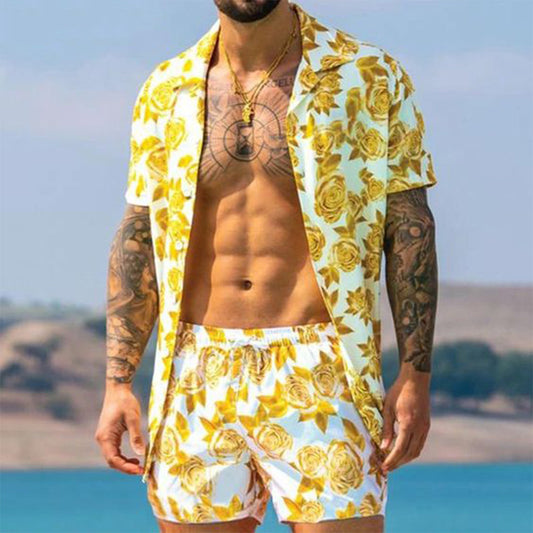 New beach leisure suit, printed short-sleeved shirt, printed shorts, casual vacation style