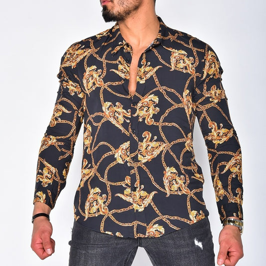 Men's Printed Cardigan Casual Lapel Long Sleeve Shirt