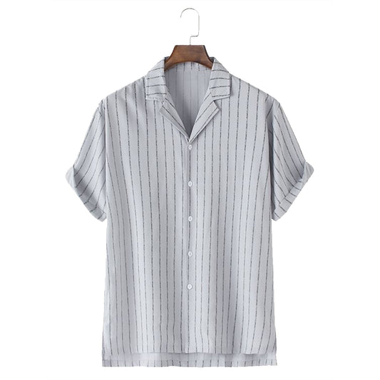 Men's new striped printed shirt Cuban collar shirt Casual fashion short-sleeved shirt