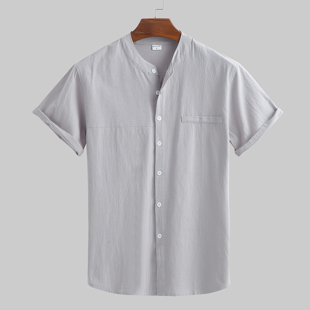 Men's cotton and linen stand-collar short-sleeved shirt