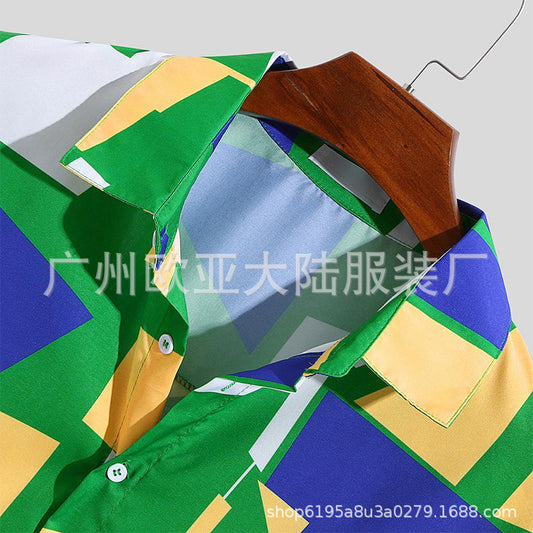2021 men's printed short-sleeved holiday style seaside shirt men's plus size loose beach shirt
