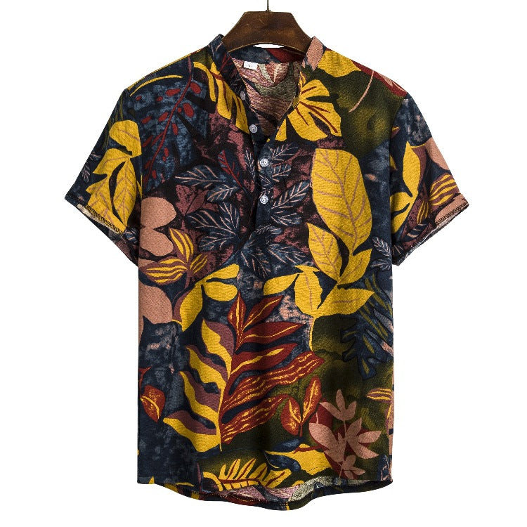 Men's ethnic style linen stand collar printed short-sleeved shirt