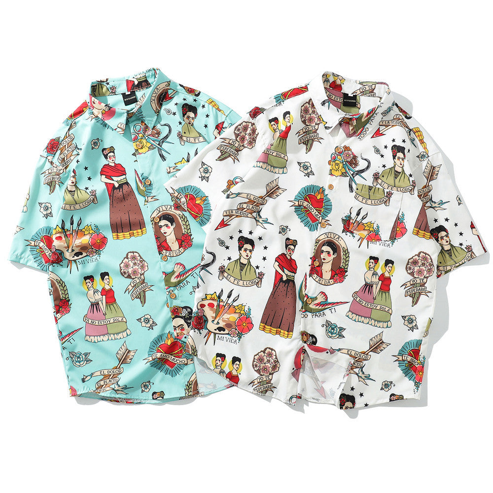 2021 spring and summer new character print lapel button plus pocket short-sleeved men's shirt