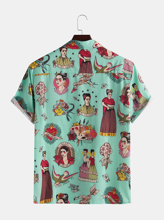 2021 spring and summer new character print lapel button plus pocket short-sleeved men's shirt