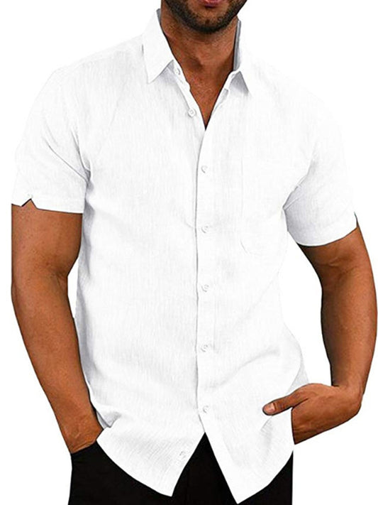 Men's solid color short-sleeved linen buttons shirt