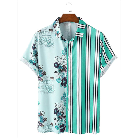 Men's new printed striped stitching shirt, contrast casual short-sleeved shirt