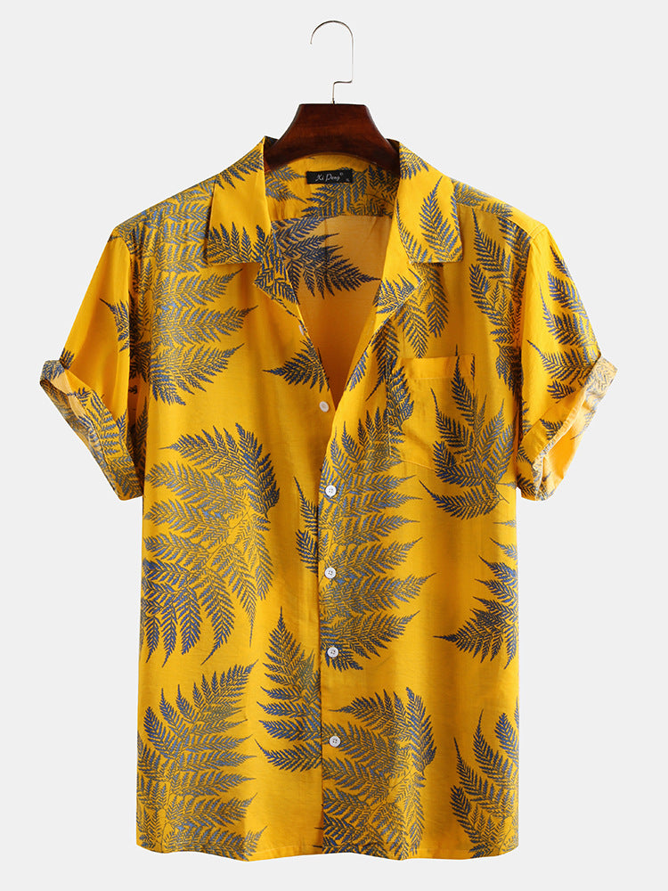 2021 spring and summer new leaf print lapel button plus pocket short-sleeved men's shirt
